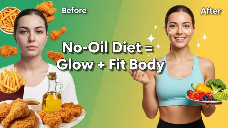 Healthy woman with glowing skin holding colorful oil-free meal